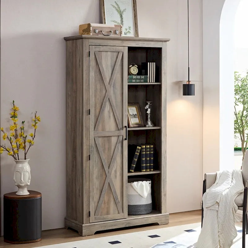 Armoire de rangement haute en bois avec porte de grange