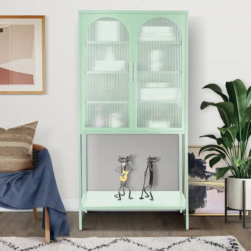 Armoire à étagères réglables avec 2 portes cintrées en verre