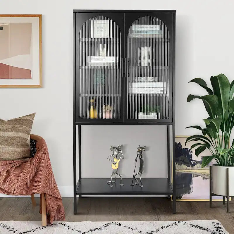 Armoire à étagères réglables avec 2 portes cintrées en verre