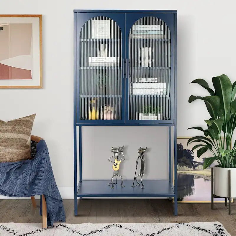 Armoire à étagères réglables avec 2 portes cintrées en verre