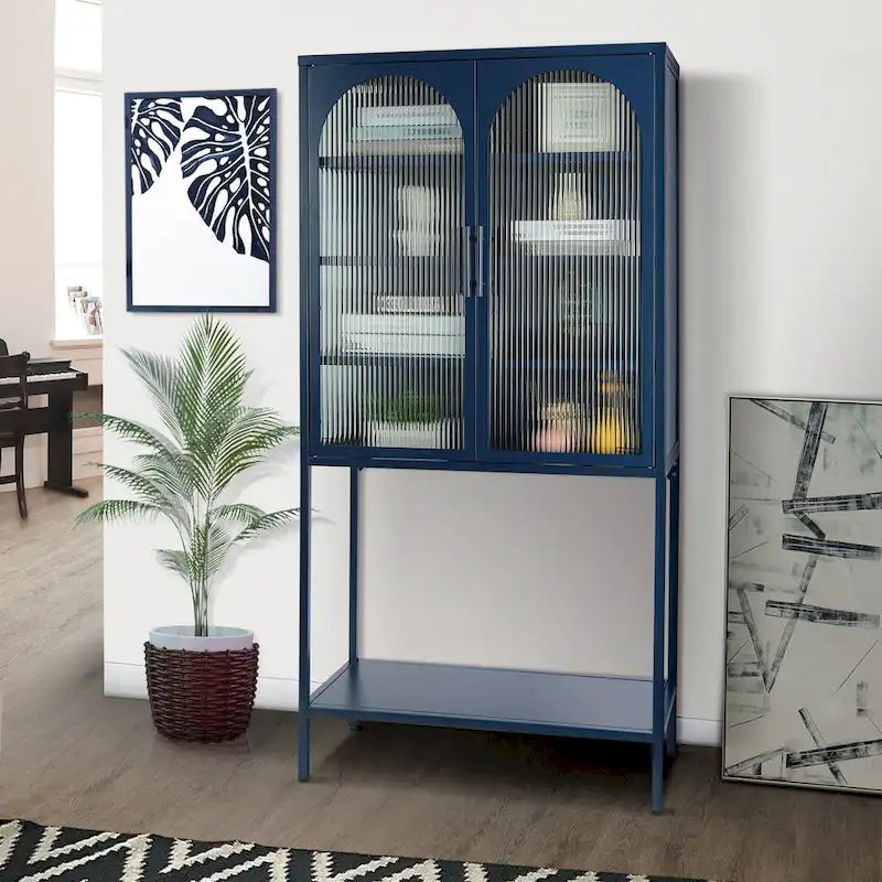 Armoire à étagères réglables avec 2 portes cintrées en verre