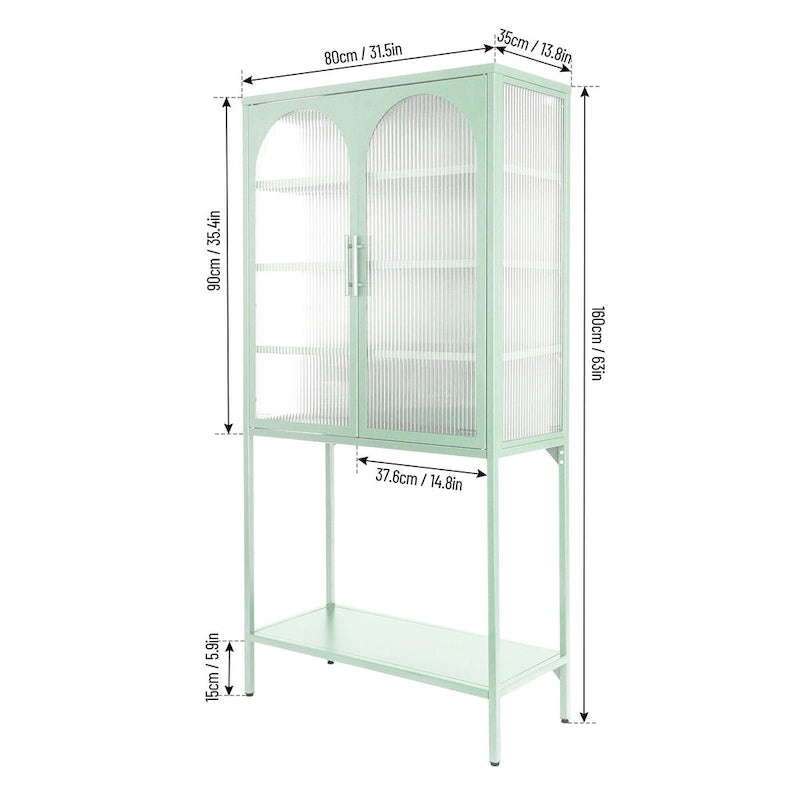 Armoire à étagères réglables avec 2 portes cintrées en verre