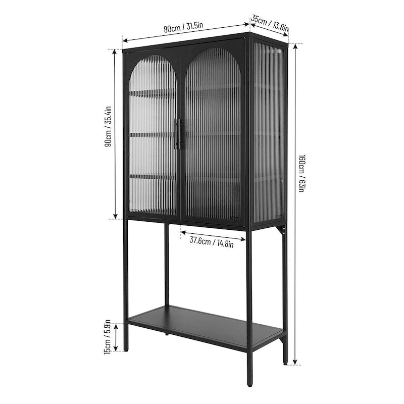 Armoire à étagères réglables avec 2 portes cintrées en verre