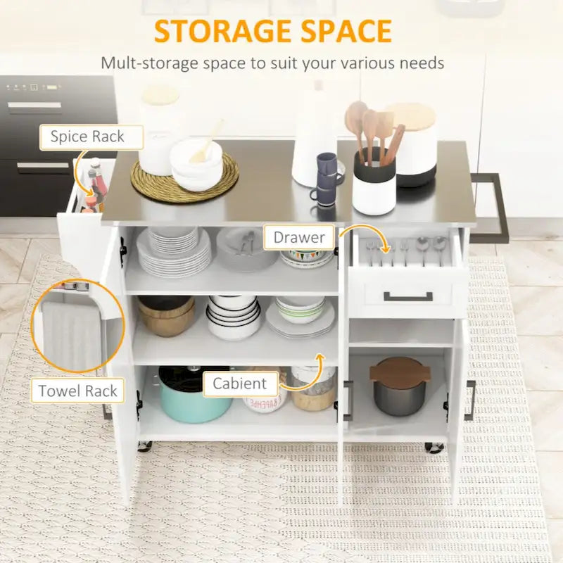 Îlot de cuisine mobile avec rangements, tiroir, 3 placards, étagère à épices et porte-serviettes, blanc