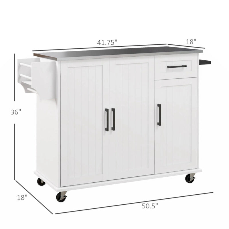 Îlot de cuisine mobile avec rangements, tiroir, 3 placards, étagère à épices et porte-serviettes, blanc