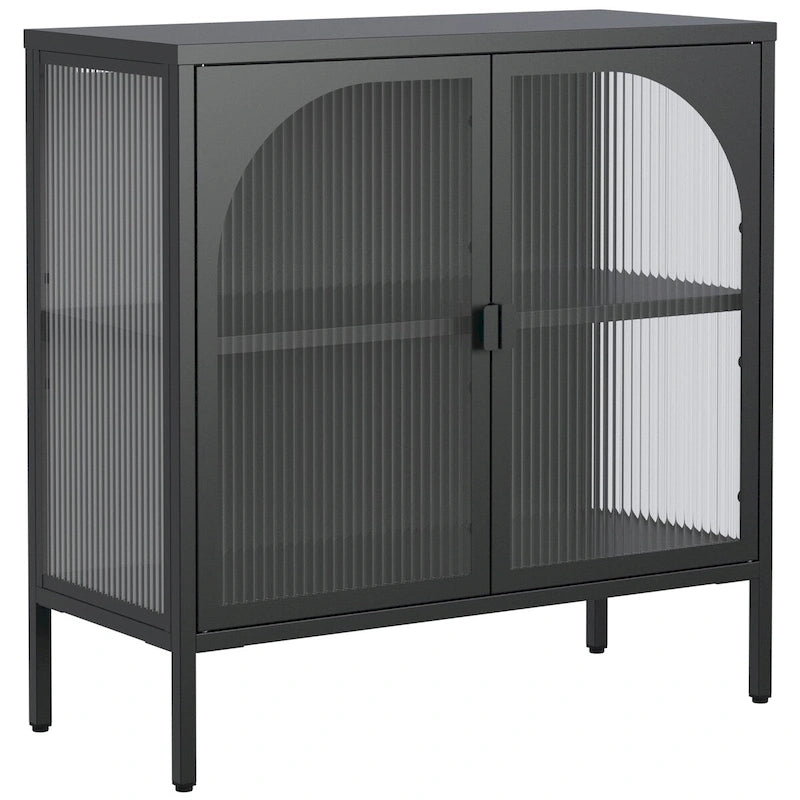 Buffet en métal, meuble de rangement d'appoint avec 2 portes vitrées, meuble bar à café avec étagères réglables, capacité de charge de 90 kg