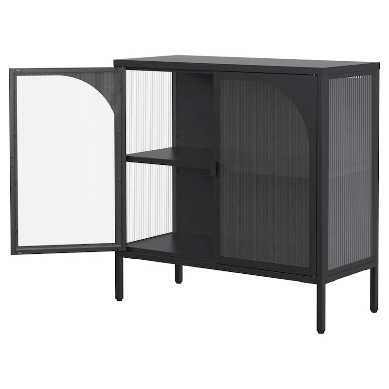 Buffet en métal, meuble de rangement d'appoint avec 2 portes vitrées, meuble bar à café avec étagères réglables, capacité de charge de 90 kg