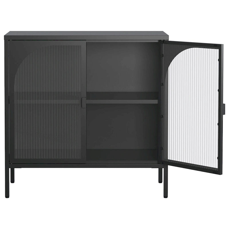 Buffet en métal, meuble de rangement d'appoint avec 2 portes vitrées, meuble bar à café avec étagères réglables, capacité de charge de 90 kg