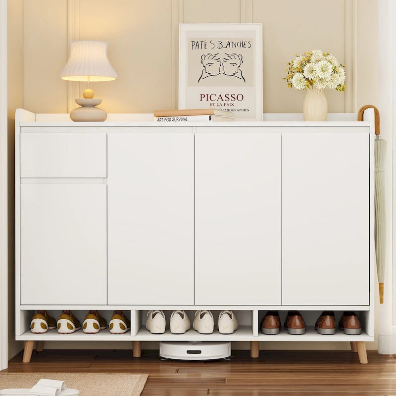 Meuble à chaussures avec étagères réglables, rangement minimaliste pour la maison avec pieds en bois massif, buffet de rangement