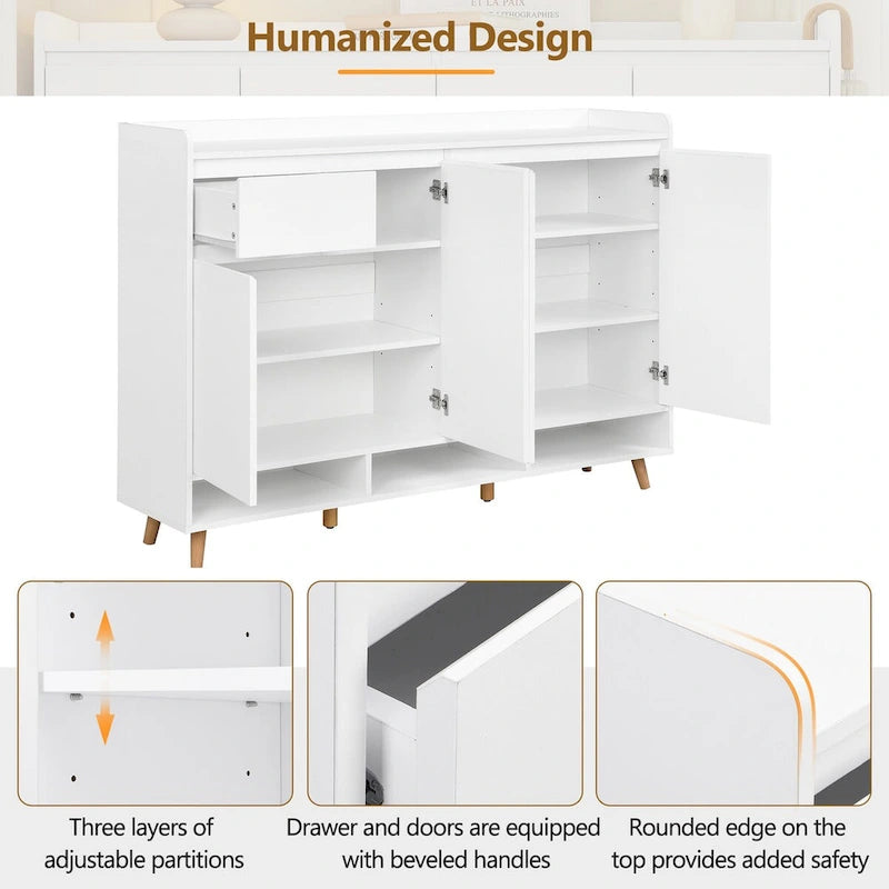 Meuble à chaussures avec étagères réglables, rangement minimaliste pour la maison avec pieds en bois massif, buffet de rangement