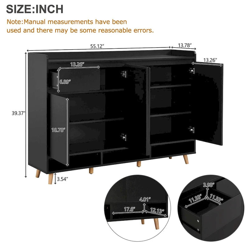 Meuble à chaussures avec étagères réglables, rangement minimaliste pour la maison avec pieds en bois massif, buffet de rangement