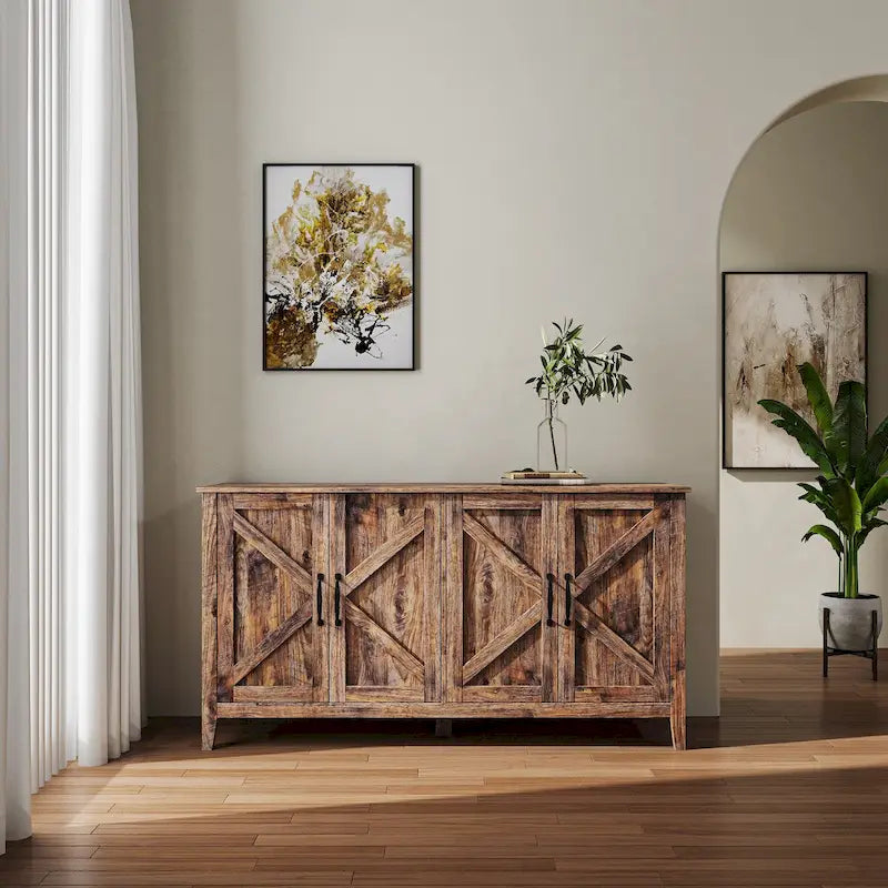 Buffet à 4 portes et 4 étagères ouvertes, meuble de rangement indépendant pour entrée, salon ou bureau.
