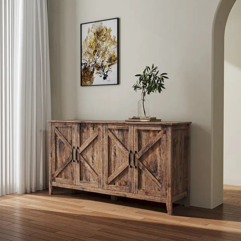 Buffet à 4 portes et 4 étagères ouvertes, meuble de rangement indépendant pour entrée, salon ou bureau.