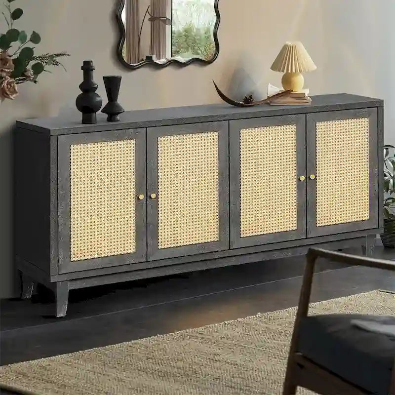 Buffet en bois avec 4 portes en rotin et étagères réglables