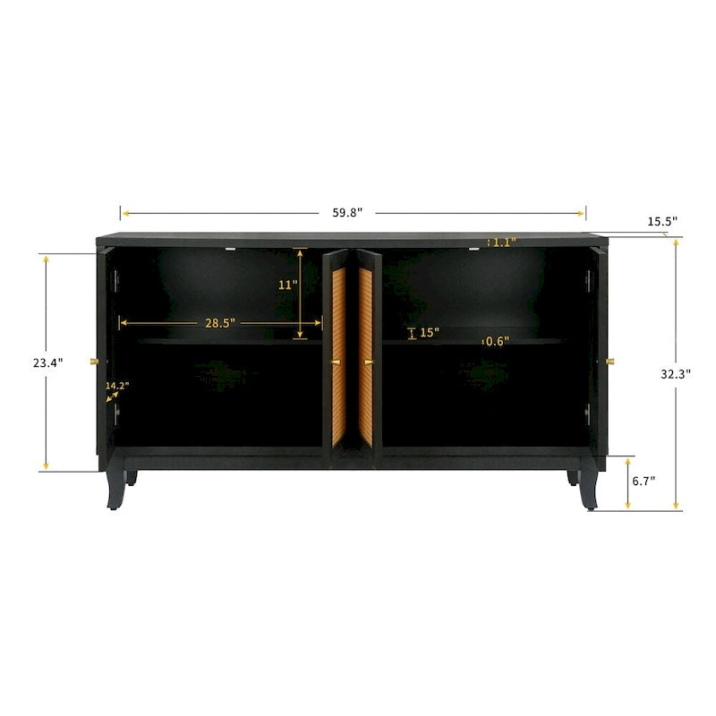 Buffet en bois avec 4 portes en rotin et étagères réglables