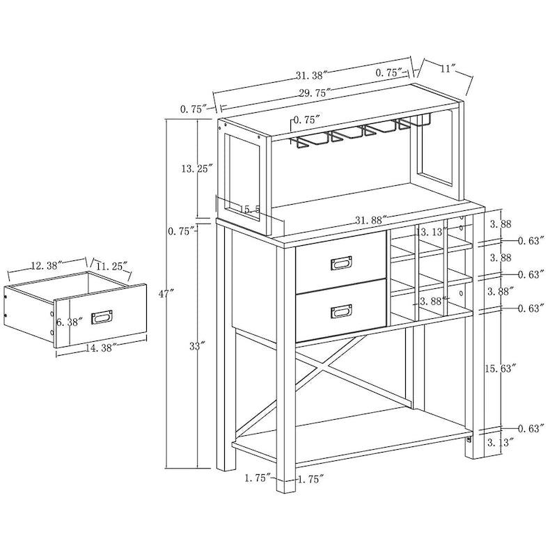 Buffet-bar en bois de 81 cm avec casier à vin - Peut contenir jusqu'à 9 bouteilles