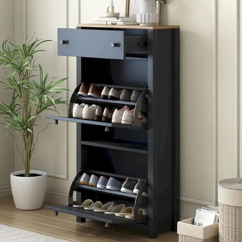 Meuble d'entrée avec 2 tiroirs rabattables, armoire à chaussures avec tiroir et plateau en bois imitation grain de bois, étagère à chaussures avec panneau réglable