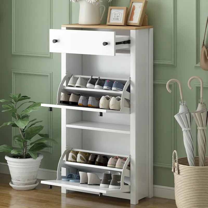 Meuble d'entrée avec 2 tiroirs rabattables, armoire à chaussures avec tiroir et plateau en bois imitation grain de bois, étagère à chaussures avec panneau réglable