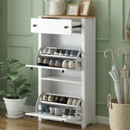 Meuble d'entrée avec 2 tiroirs rabattables, armoire à chaussures avec tiroir et plateau en bois imitation grain de bois, étagère à chaussures avec panneau réglable
