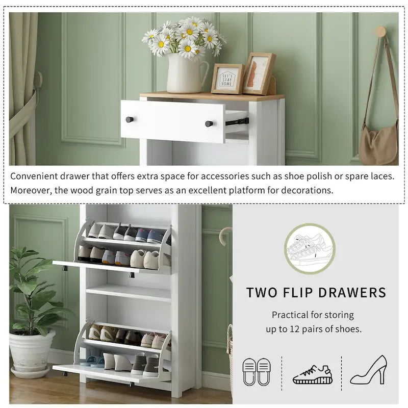 Meuble d'entrée avec 2 tiroirs rabattables, armoire à chaussures avec tiroir et plateau en bois imitation grain de bois, étagère à chaussures avec panneau réglable