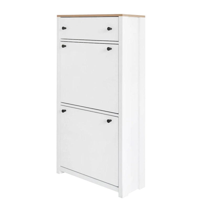 Meuble d'entrée avec 2 tiroirs rabattables, armoire à chaussures avec tiroir et plateau en bois imitation grain de bois, étagère à chaussures avec panneau réglable