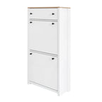 Meuble d'entrée avec 2 tiroirs rabattables, armoire à chaussures avec tiroir et plateau en bois imitation grain de bois, étagère à chaussures avec panneau réglable