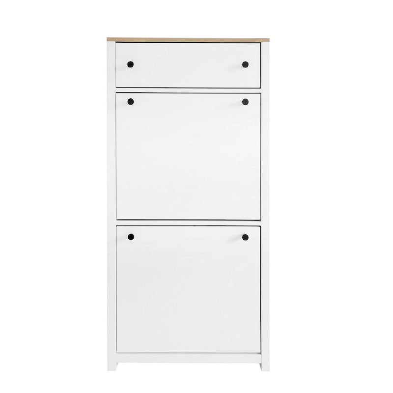 Meuble d'entrée avec 2 tiroirs rabattables, armoire à chaussures avec tiroir et plateau en bois imitation grain de bois, étagère à chaussures avec panneau réglable