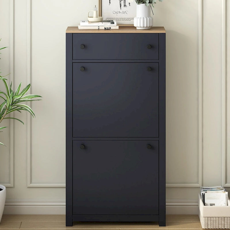 Meuble d'entrée avec 2 tiroirs rabattables, armoire à chaussures avec tiroir et plateau en bois imitation grain de bois, étagère à chaussures avec panneau réglable