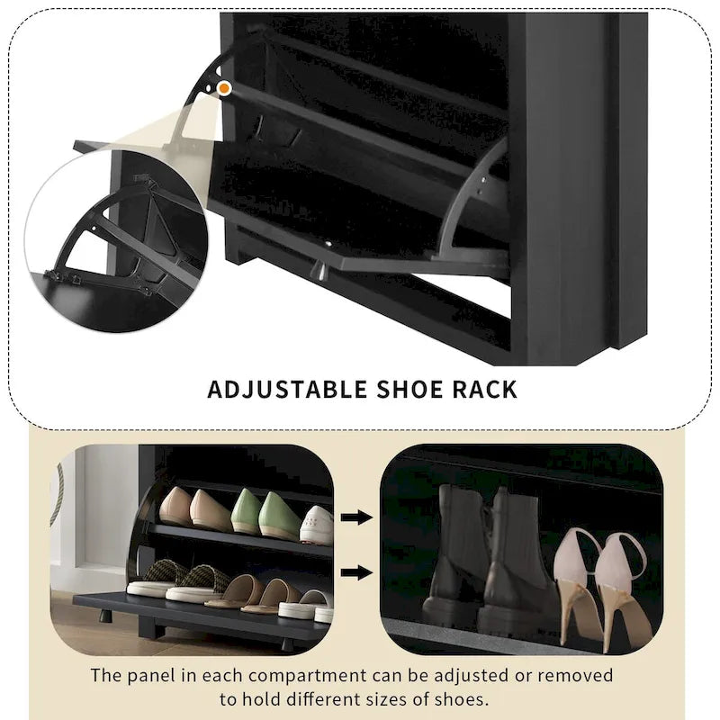 Meuble d'entrée avec 2 tiroirs rabattables, armoire à chaussures avec tiroir et plateau en bois imitation grain de bois, étagère à chaussures avec panneau réglable