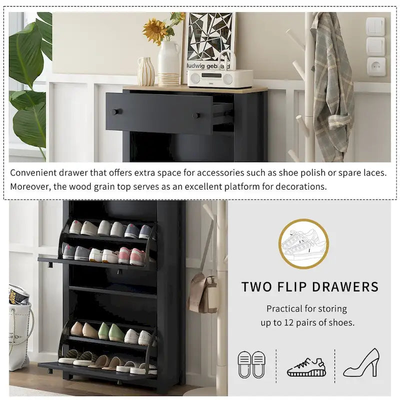 Meuble d'entrée avec 2 tiroirs rabattables, armoire à chaussures avec tiroir et plateau en bois imitation grain de bois, étagère à chaussures avec panneau réglable