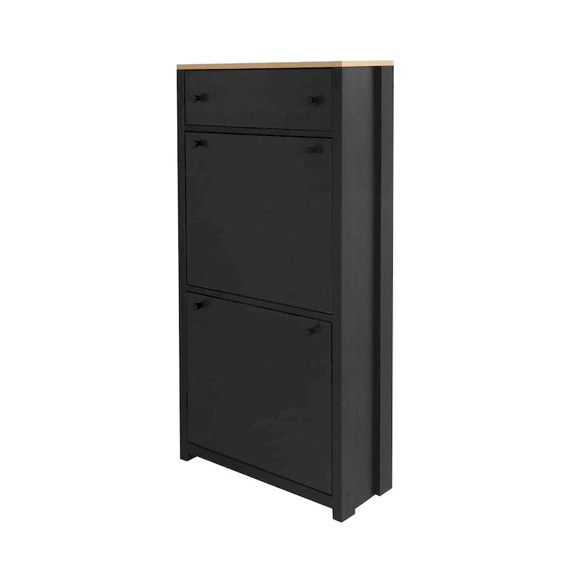 Meuble d'entrée avec 2 tiroirs rabattables, armoire à chaussures avec tiroir et plateau en bois imitation grain de bois, étagère à chaussures avec panneau réglable