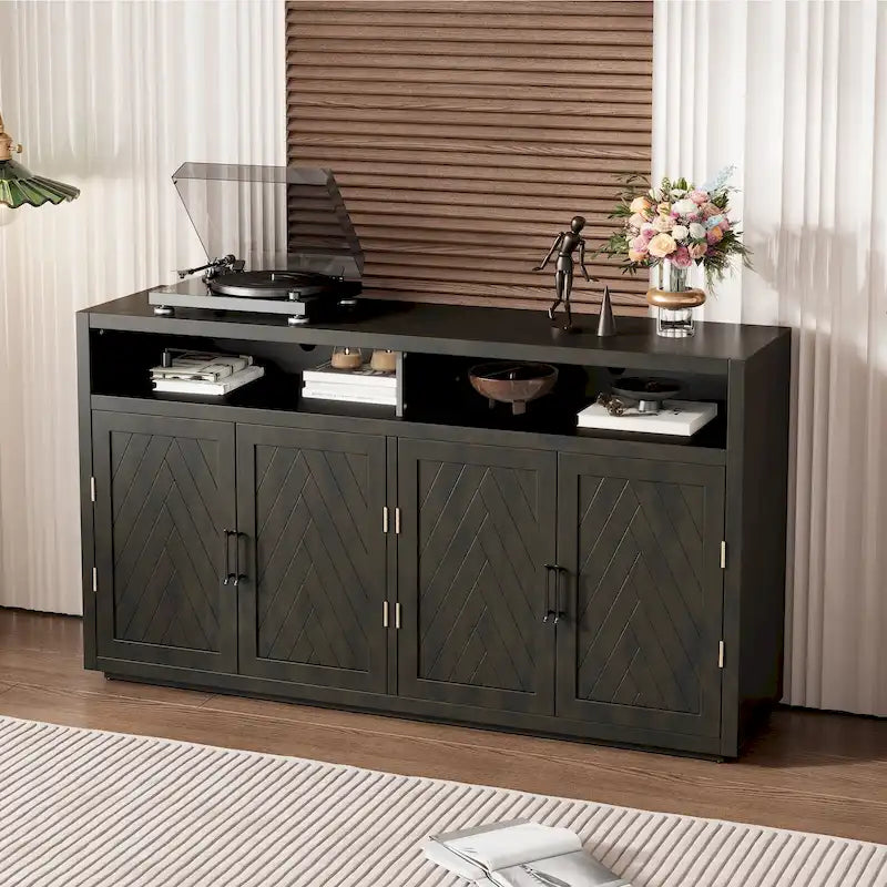 Buffet classique moderne à 4 portes avec rangement ouvert et étagères réglables