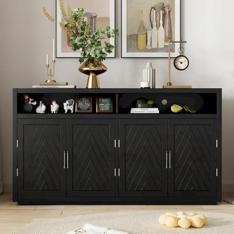 Buffet classique moderne à 4 portes avec rangement ouvert et étagères réglables