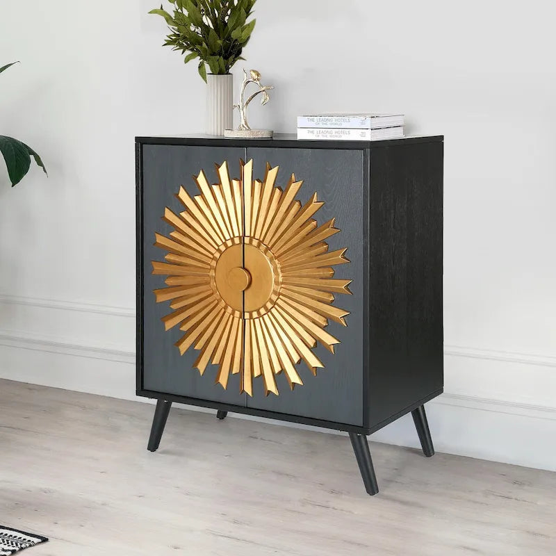 Buffet/armoire de rangement style ferme, 2 portes, en bois massif, motif soleil - L 42 x l 80 x H 98 cm