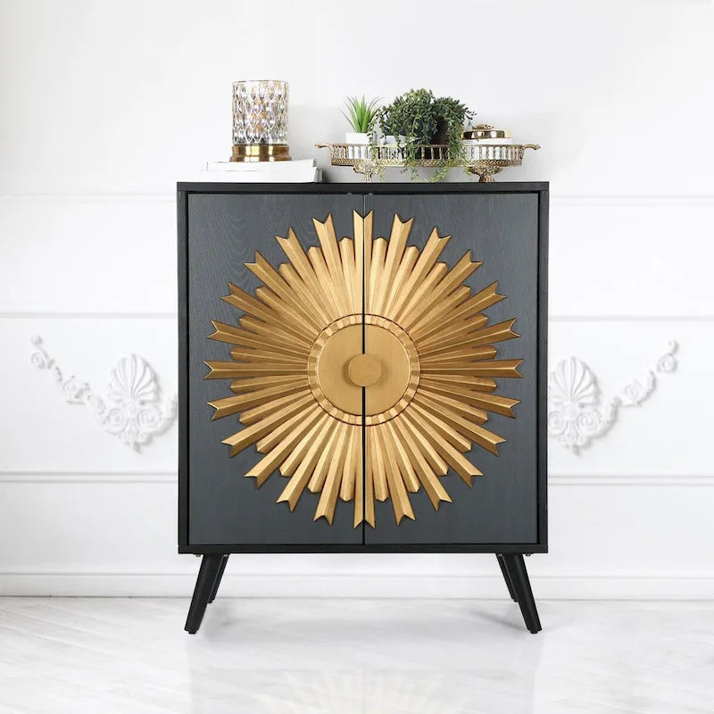 Buffet/armoire de rangement style ferme, 2 portes, en bois massif, motif soleil - L 42 x l 80 x H 98 cm