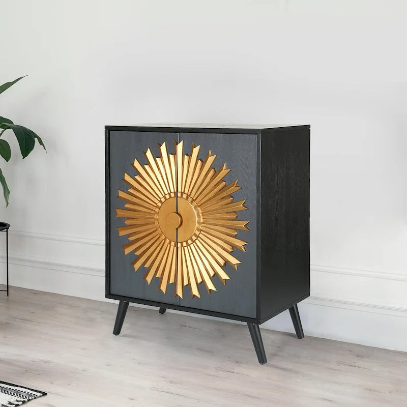 Buffet/armoire de rangement style ferme, 2 portes, en bois massif, motif soleil - L 42 x l 80 x H 98 cm