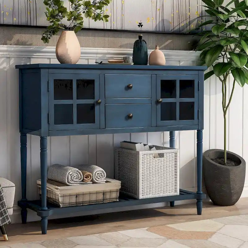 Buffet console avec étagère inférieure, meuble de rangement en bois et verre de style campagnard pour salon