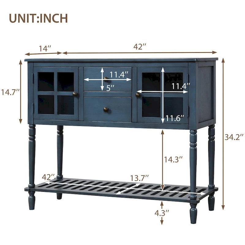 Buffet console avec étagère inférieure, meuble de rangement en bois et verre de style campagnard pour salon