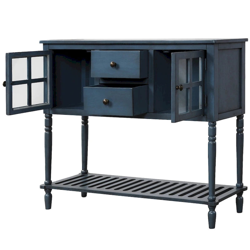 Buffet console avec étagère inférieure, meuble de rangement en bois et verre de style campagnard pour salon