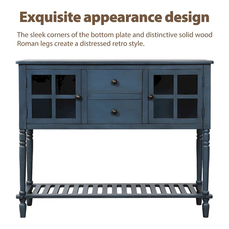 Buffet console avec étagère inférieure, meuble de rangement en bois et verre de style campagnard pour salon