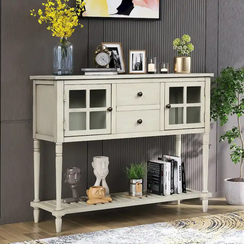 Buffet console avec étagère inférieure, meuble de rangement en bois et verre de style campagnard pour salon