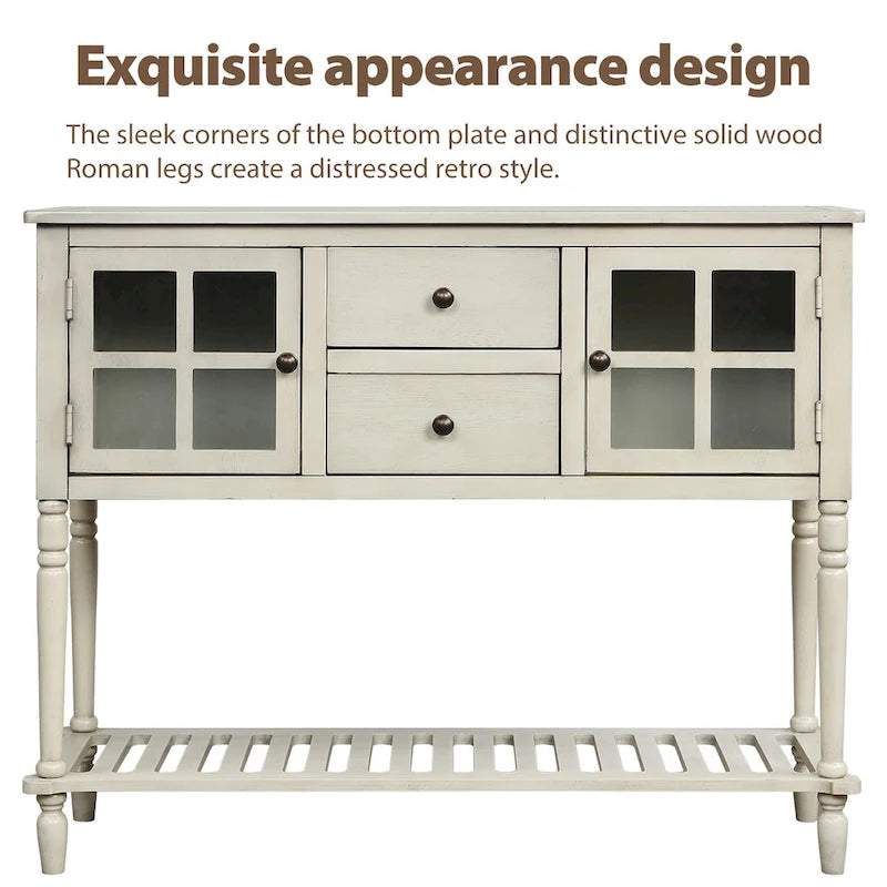 Buffet console avec étagère inférieure, meuble de rangement en bois et verre de style campagnard pour salon