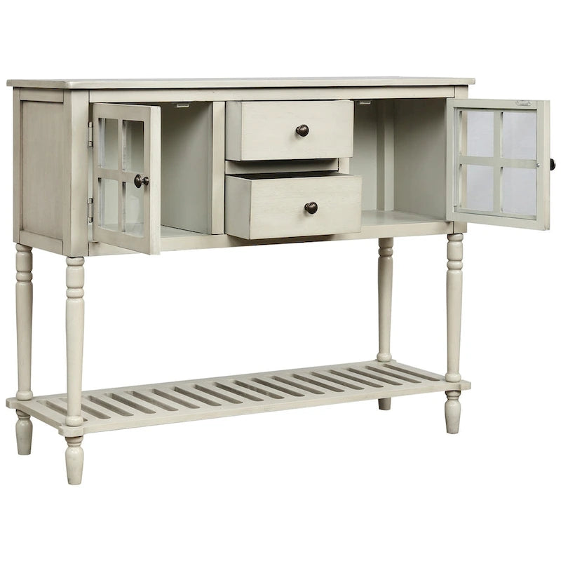 Buffet console avec étagère inférieure, meuble de rangement en bois et verre de style campagnard pour salon