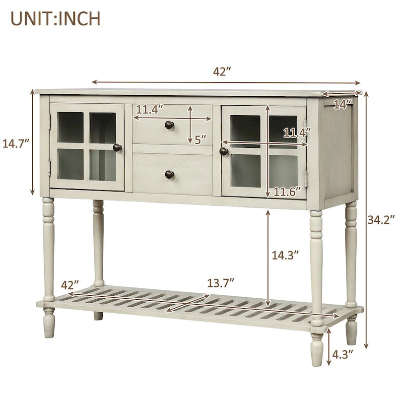 Buffet console avec étagère inférieure, meuble de rangement en bois et verre de style campagnard pour salon