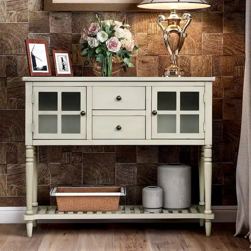 Buffet console avec étagère inférieure, meuble de rangement en bois et verre de style campagnard pour salon
