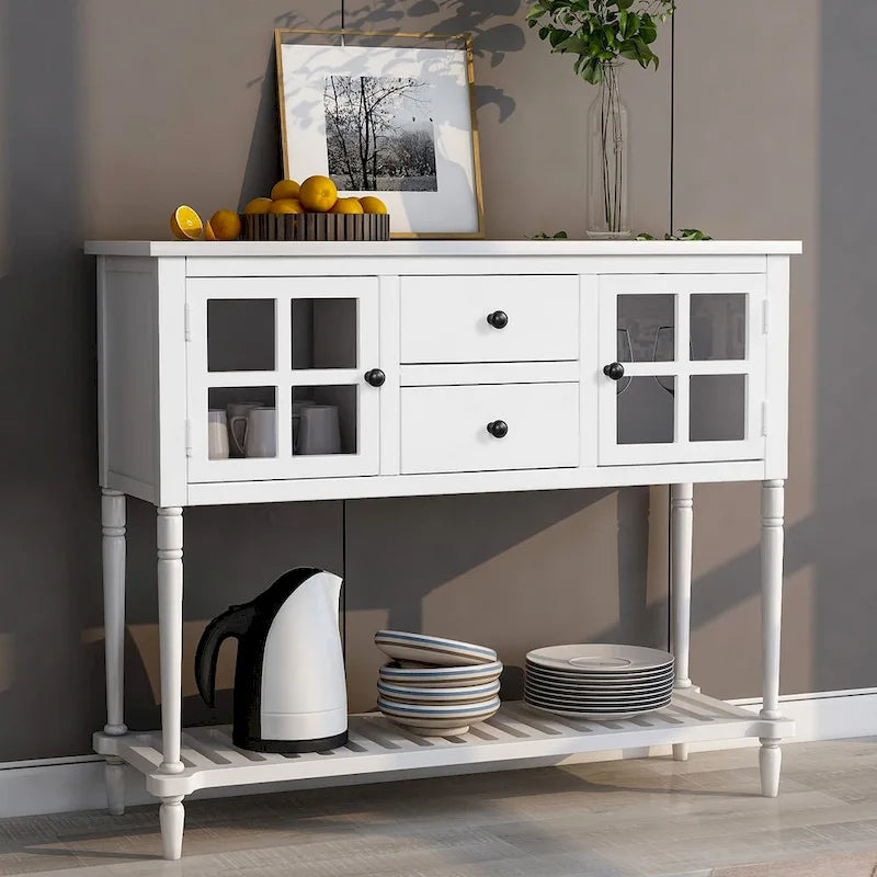 Buffet console avec étagère inférieure, meuble de rangement en bois et verre de style campagnard pour salon