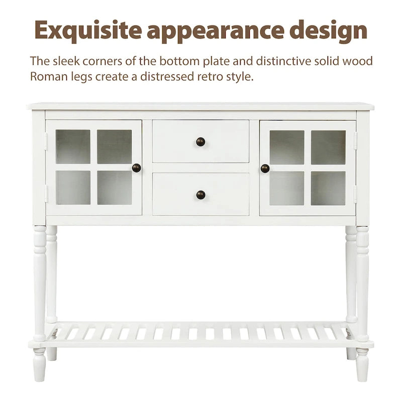 Buffet console avec étagère inférieure, meuble de rangement en bois et verre de style campagnard pour salon