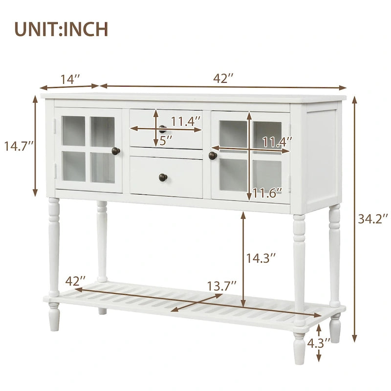 Buffet console avec étagère inférieure, meuble de rangement en bois et verre de style campagnard pour salon