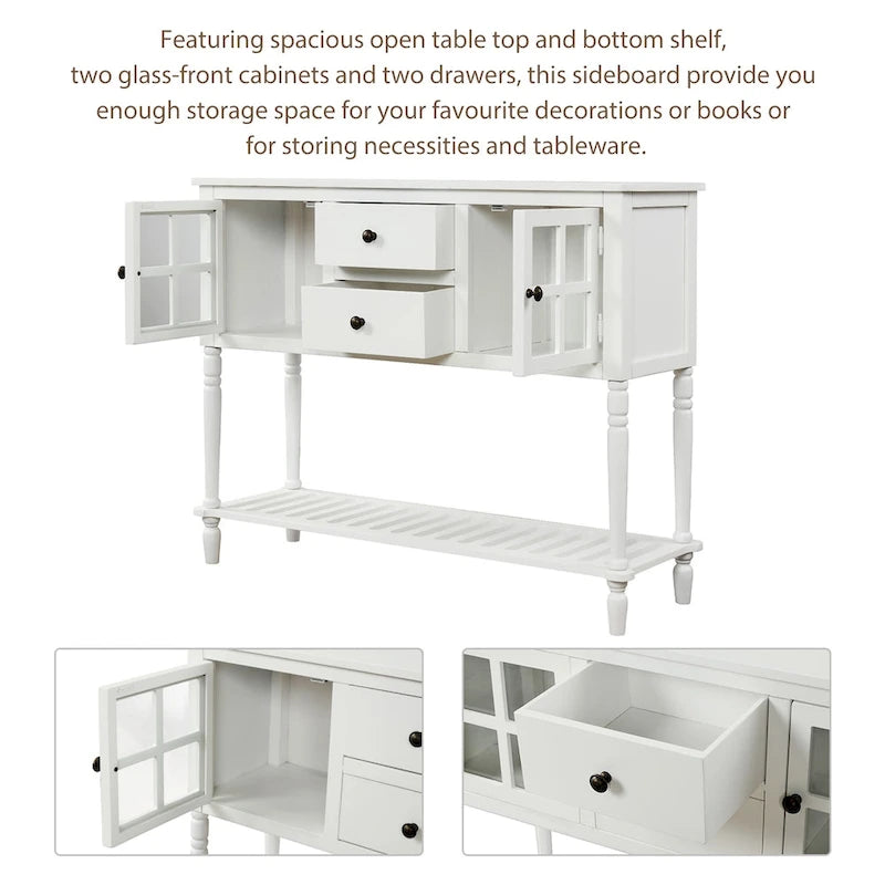 Buffet console avec étagère inférieure, meuble de rangement en bois et verre de style campagnard pour salon