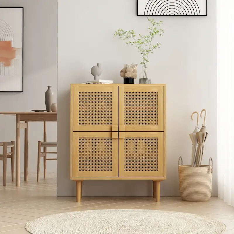 Armoire de rangement à 4 portes en rotin tressé